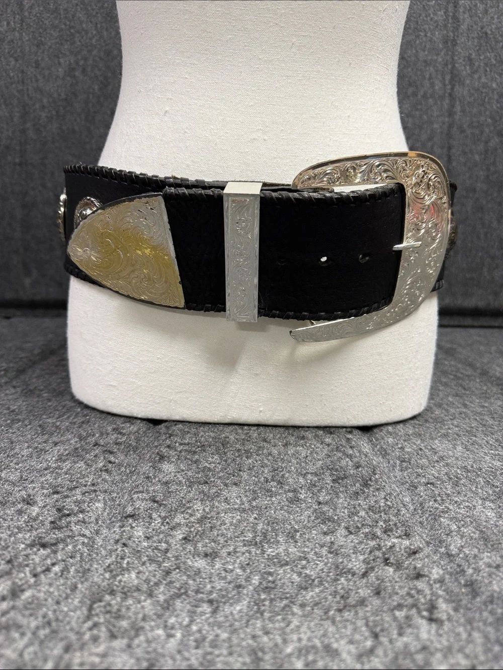 Big AL Vintage Western Black Leather Belt with Silver Engraved Buckle